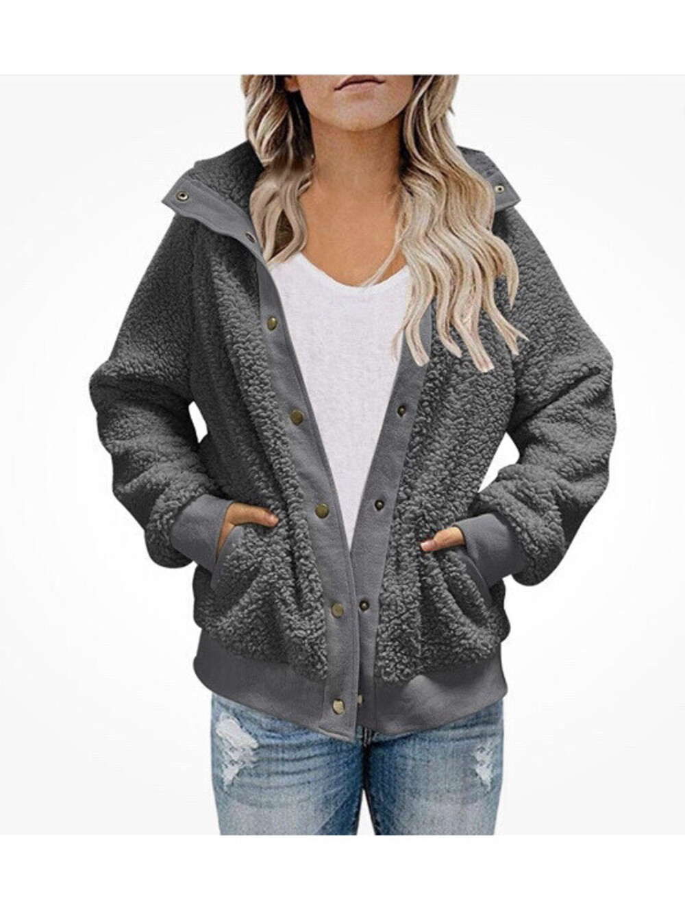 TECREW Womens Winter Sherpa Fleece Button Jacket Coat Loose Long Sleeve Outwear
